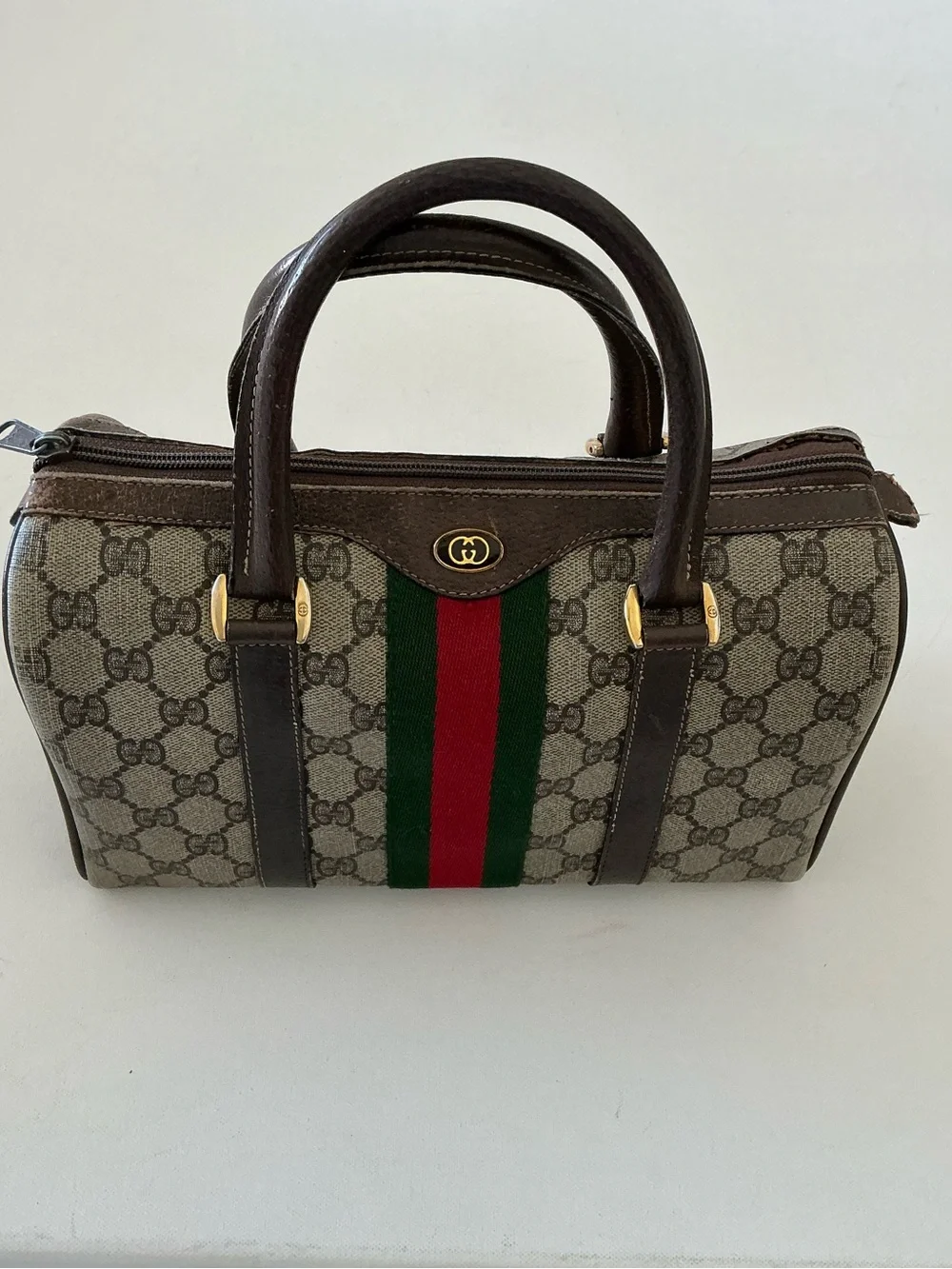 Gucci Vintage GG Supreme Boston Bag Web Stripe Satchel Brown Monogram - Picture 2 of 16